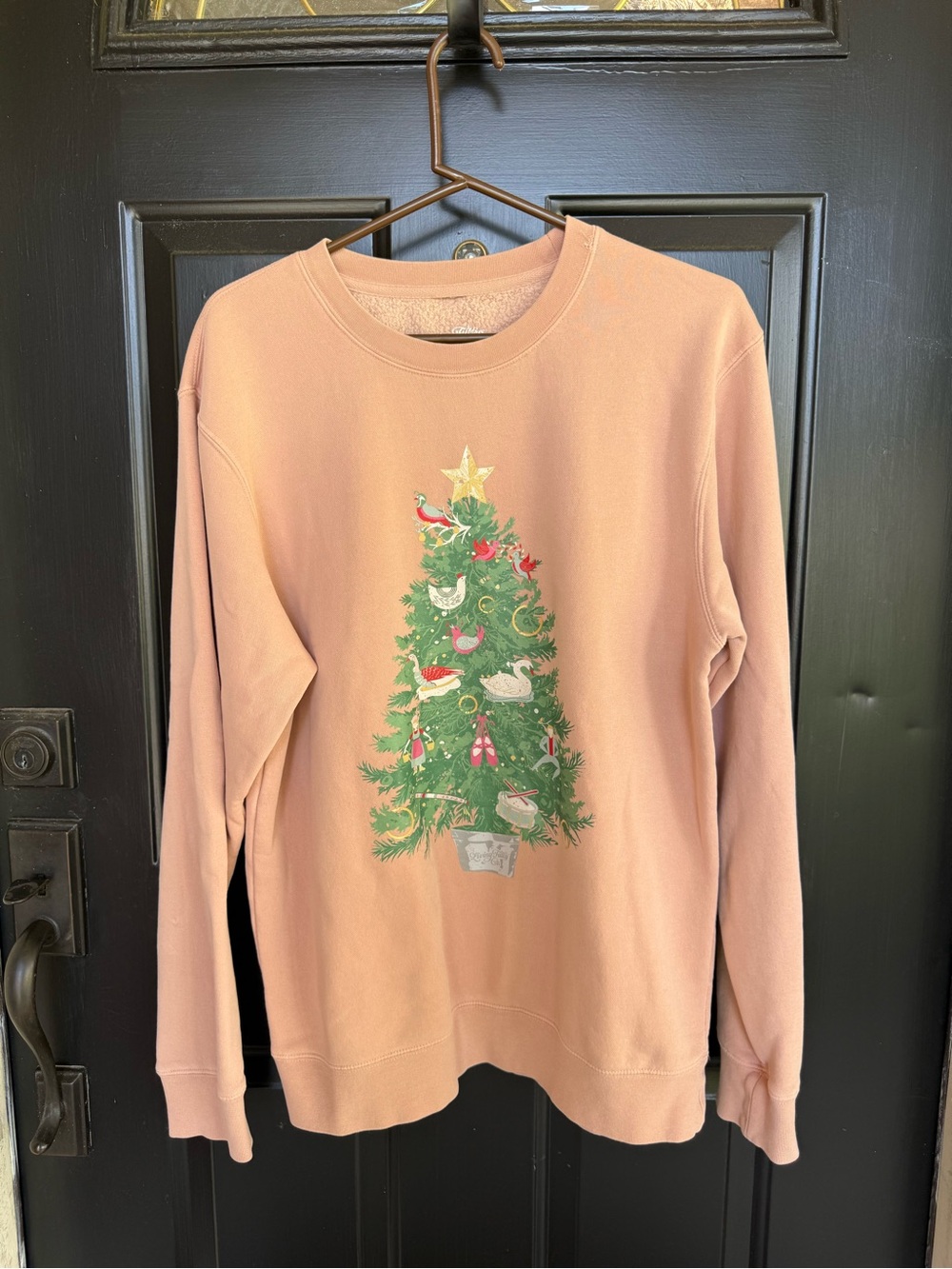 Living Fully - Women’s Dusty Pink Crewneck Sweater with Holiday Tree Motif